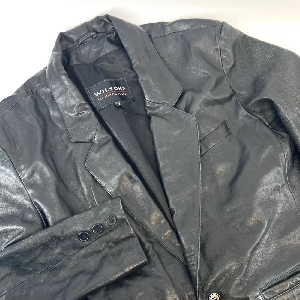 Vintage Wilsons Y2K 90s Mens Black Genuine Leather One Button Blazer Jacket Sz M